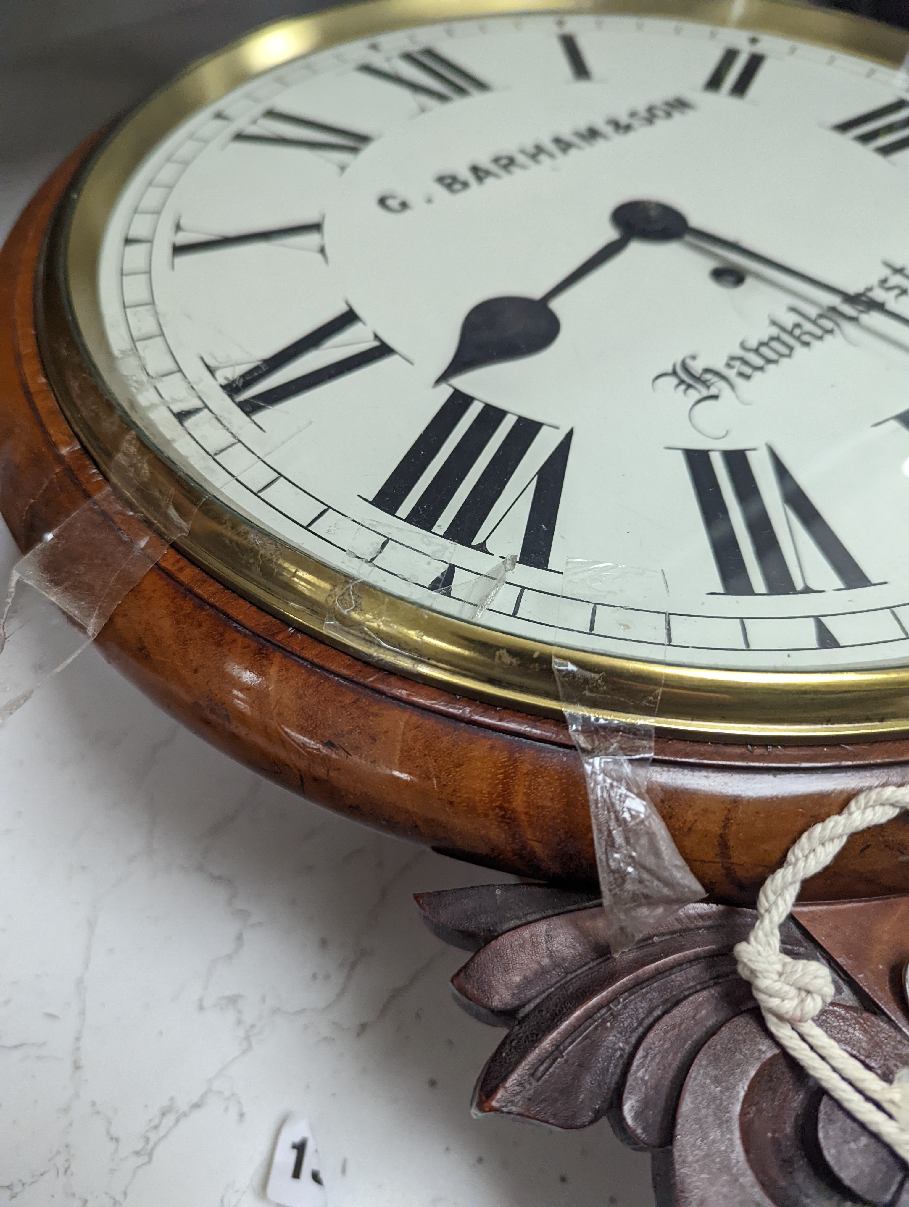 G. Barham & son, Hawkhurst mahogany drop dial wall clock clock 50cm, Single fusee movement